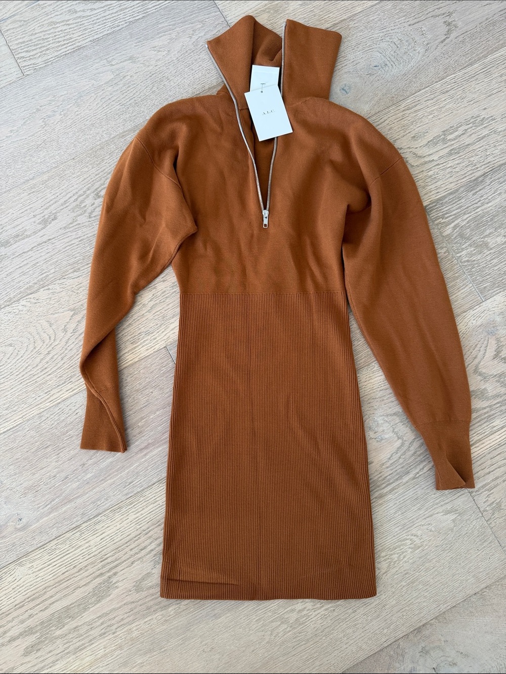 A.L.C. Funnel-Neck Zip Knit Mini Dress in Rust